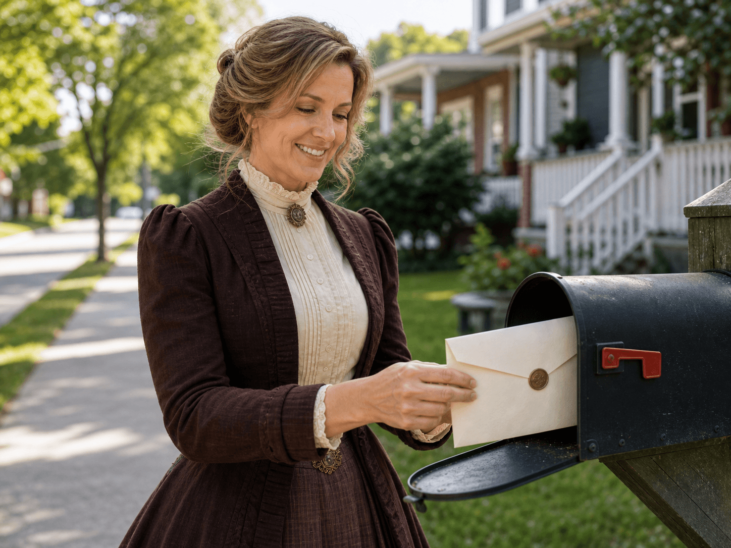 A woman in Victorian attire receiving a Uniontown history envelope in the mail